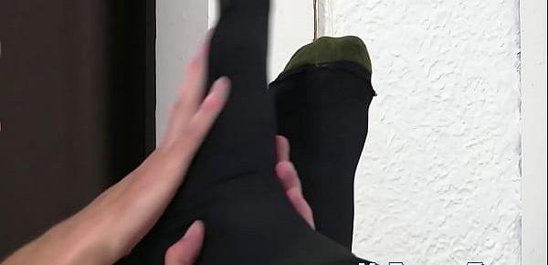  Handsome guy in a suit enjoys feet massage and toe sucking